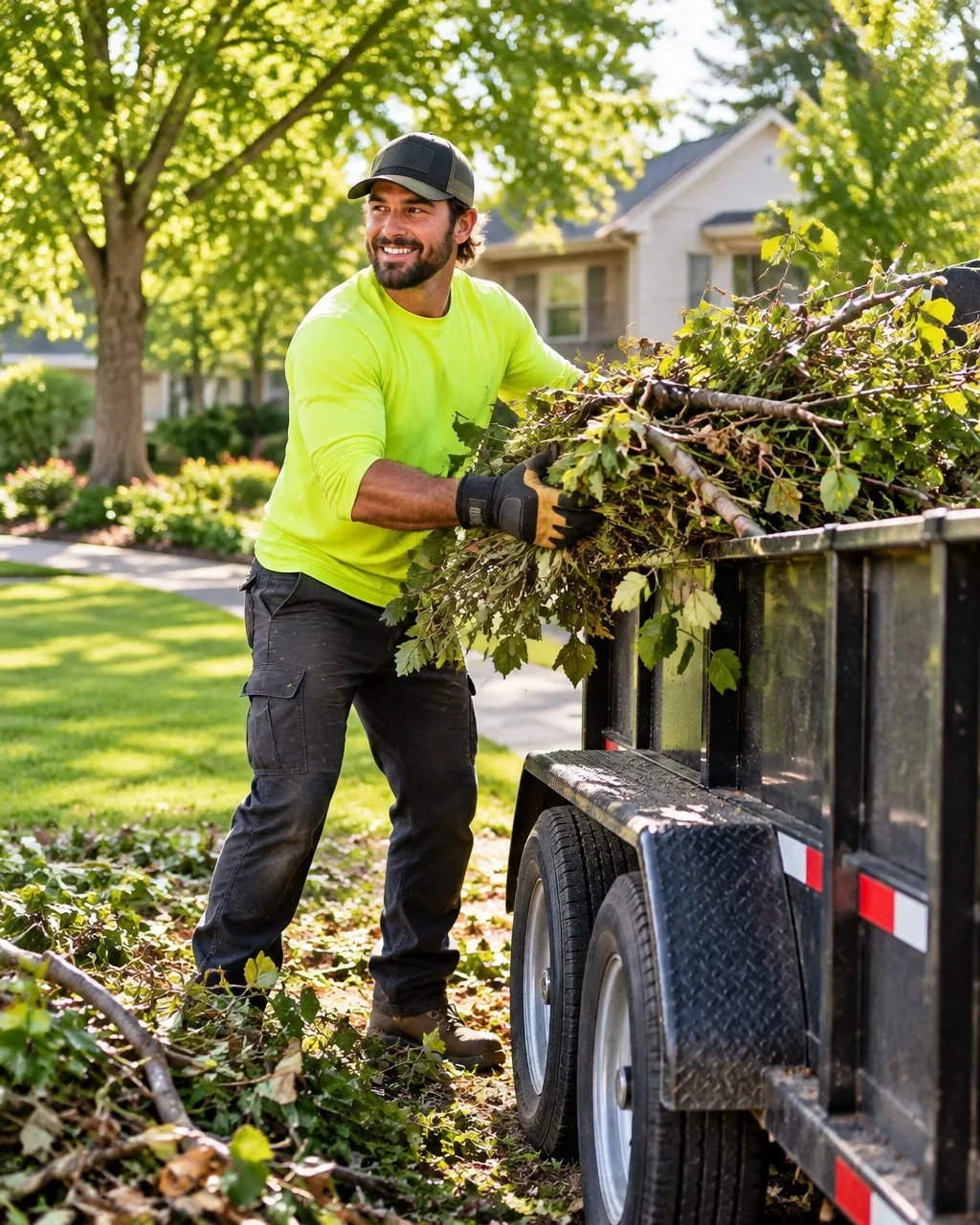 Crew member collecting branches and yard debris from a residential property