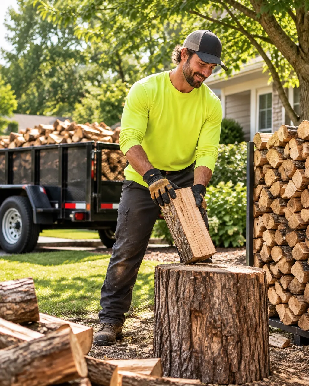 Firewood being prepared for delivery by an outdoor services professional
