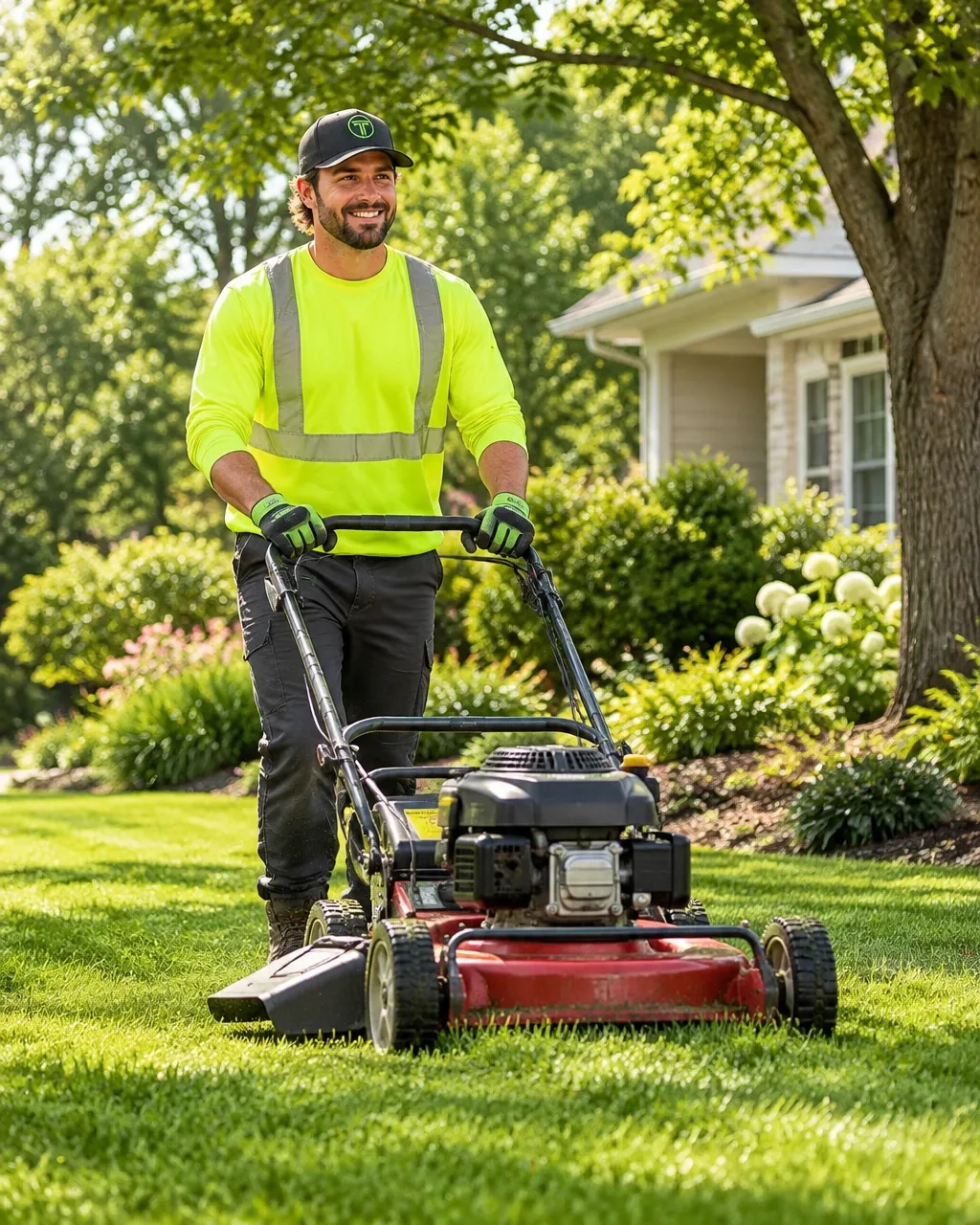 Lawn care professional mowing a residential lawn
