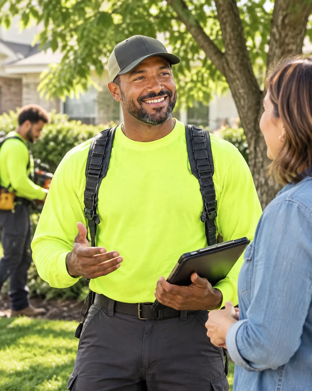 Black Trees R Us owner talking with a customer, with a crew member in the background