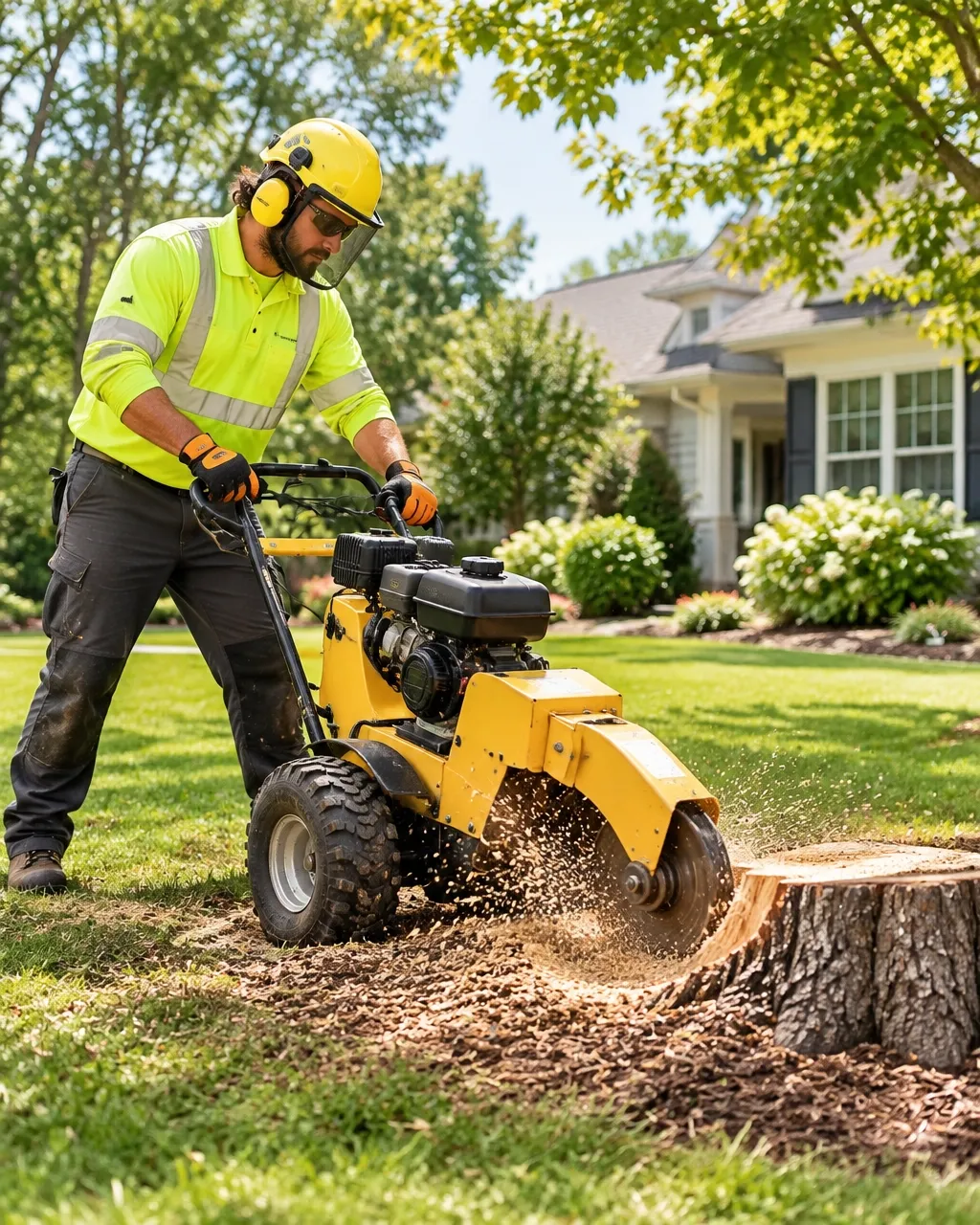 Stump grinder clearing a tree stump from a yard