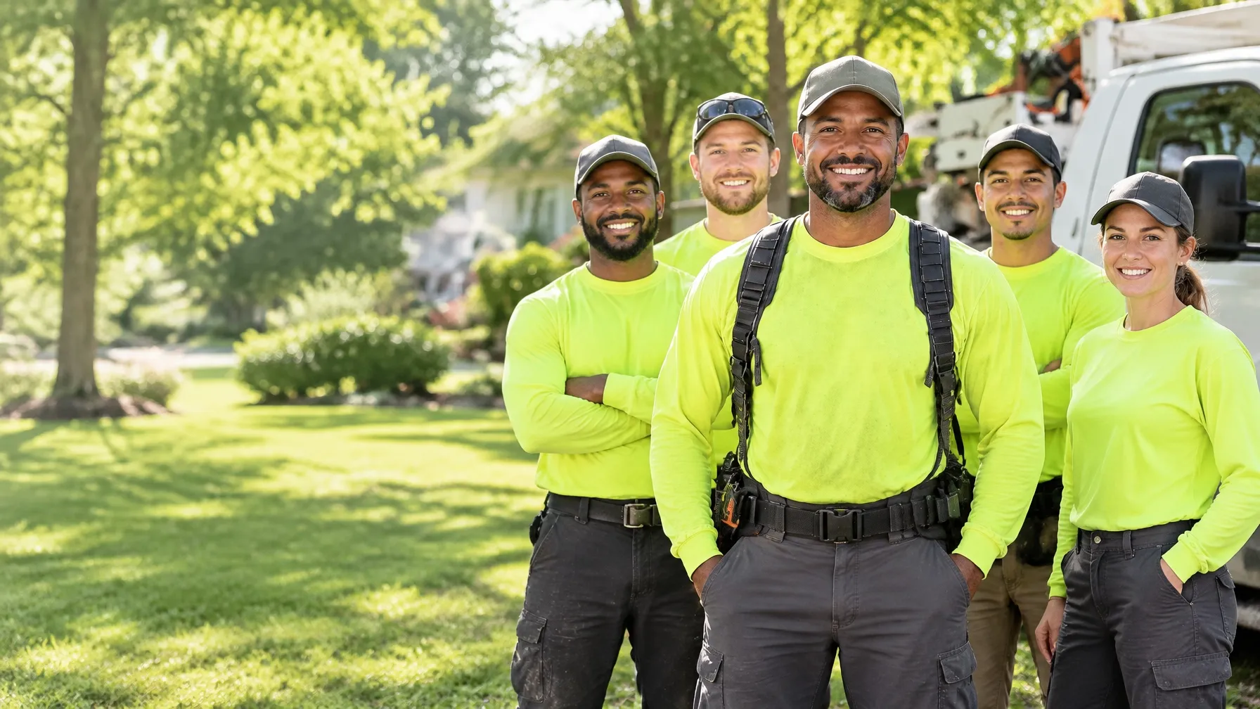 Black owner with the mixed-race Trees R Us tree-care crew