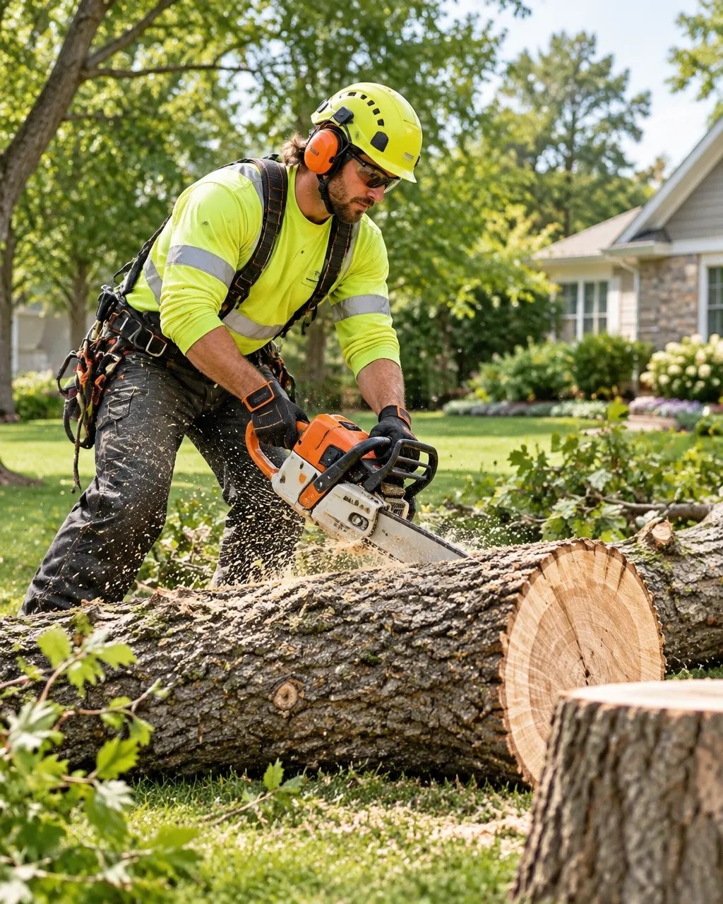 Tree care professional safely removing a tree on a residential property