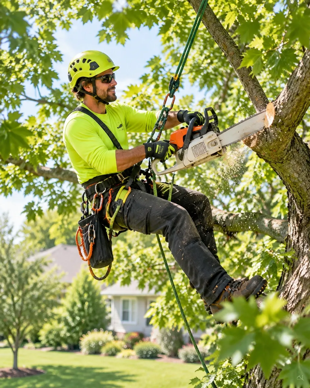 Arborist trimming branches high in a leafy tree